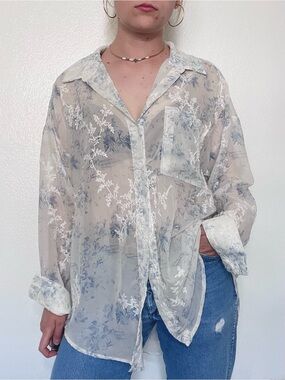 Peach | White Sheer Floral Embroidered Button Down Blouse